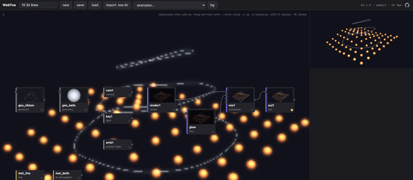 Example 10, 3d lines, in the editor: geometry, camera, light, render, blur and composite nodes over the rendered scene of line ribbons and orange spheres.
