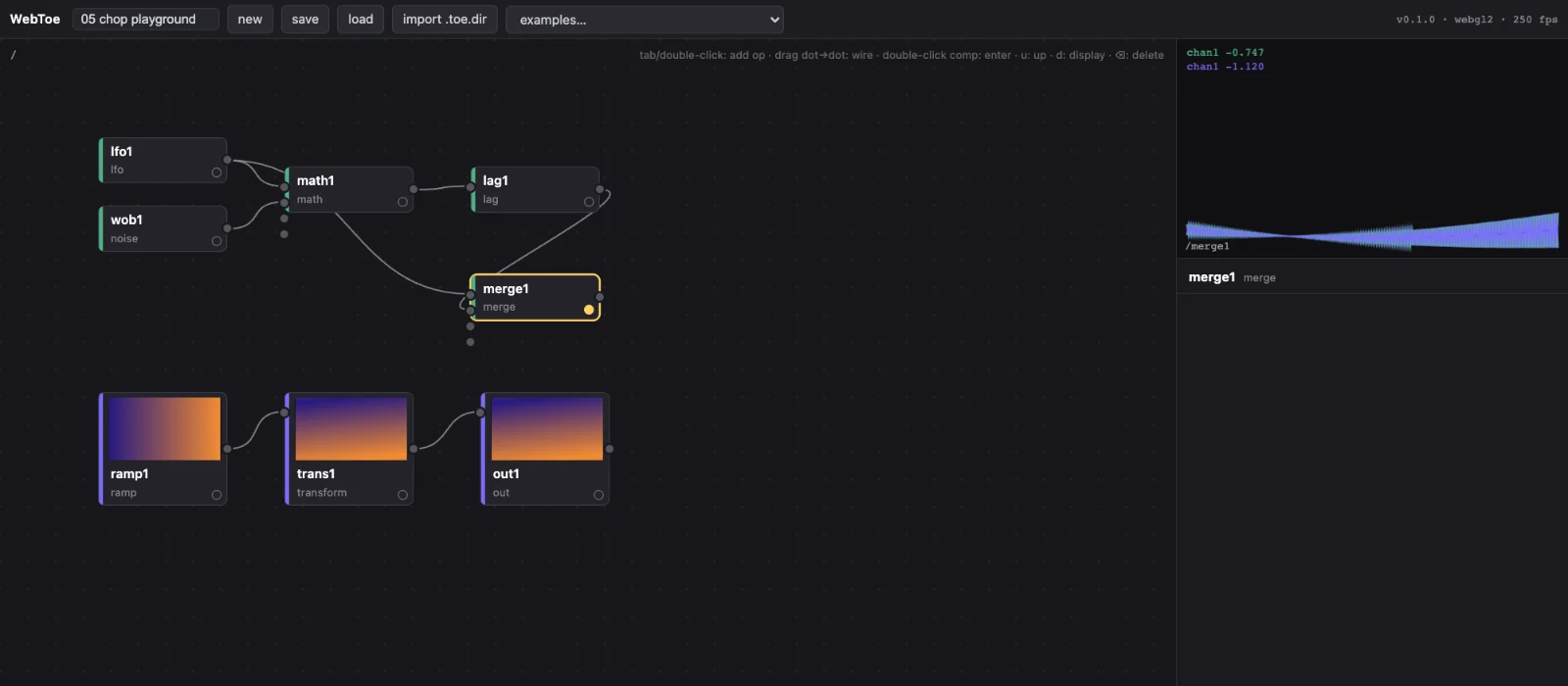 Example 05, chop playground: LFO, noise, math, lag and merge CHOPs, with the merge selected and its channels drawn in the viewer.