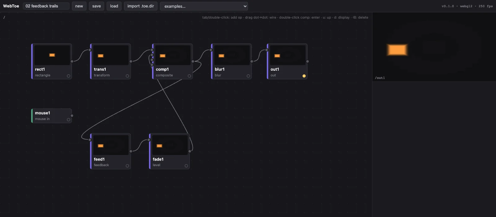 Example 02, feedback trails: rectangle, transform, composite, blur, feedback and level operators wired in a loop.
