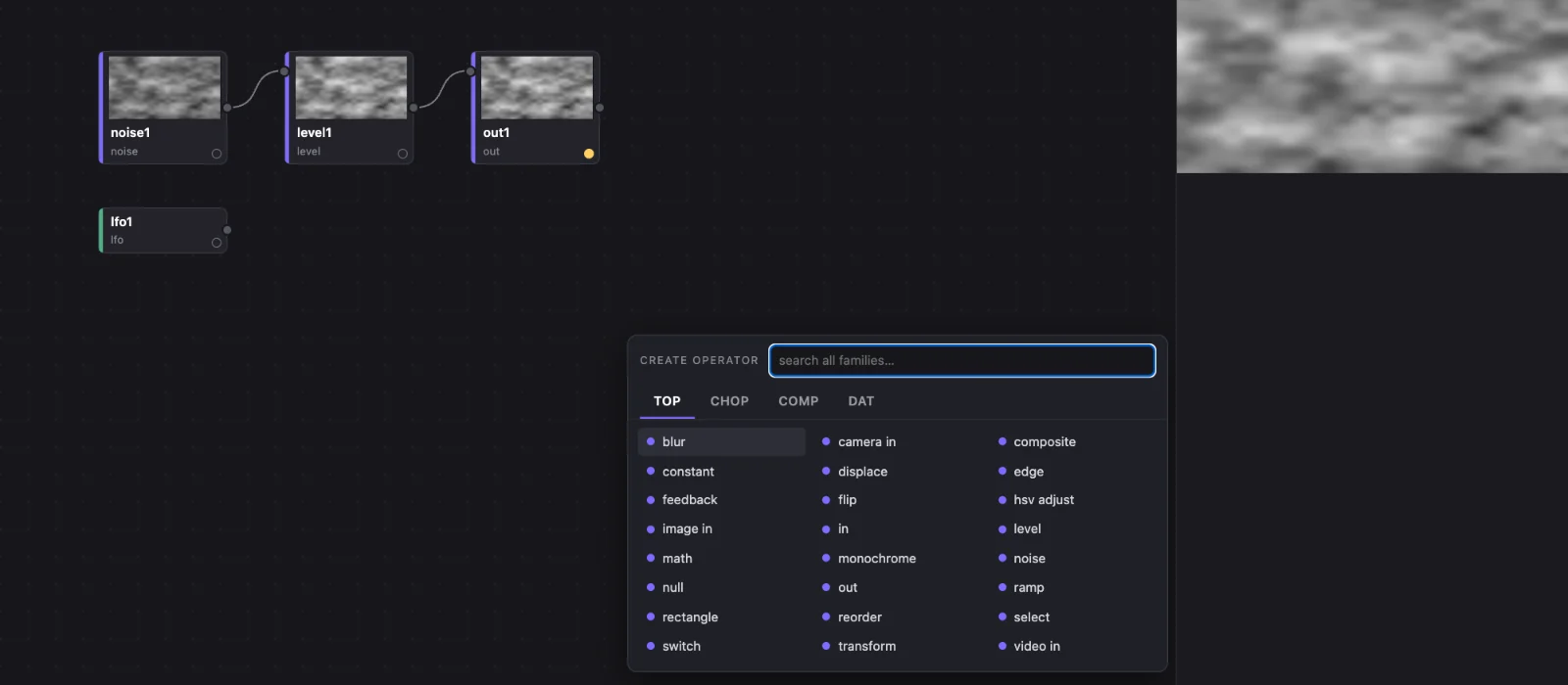 The create-operator dialog over a small noise patch, listing TOP operators in a searchable grid.
