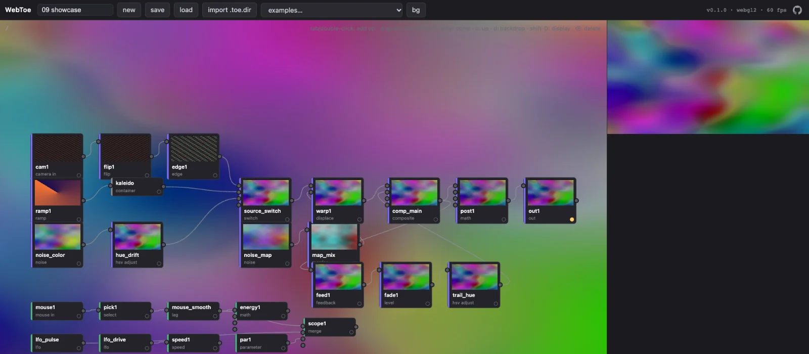 Example 09, showcase: a dense network of TOP, CHOP, COMP and DAT nodes with the composited output in the viewer.